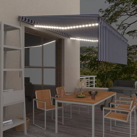  Ręcznie zwijana markiza z zasłoną i LED, 4x3 m, niebiesko-biała