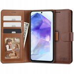 BRĄZOWE SKÓRZANE ETUI Z KLAPKĄ do SAMSUNG A35 + SZKŁO kieszonki na karty