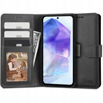 CZARNE SKÓRZANE ETUI Z KLAPKĄ do SAMSUNG A35 + SZKŁO kieszonki na karty