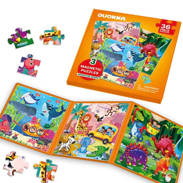 Quokka puzzle magnetyczne 3x36 el. dinozaury safari ocean książeczka 3+