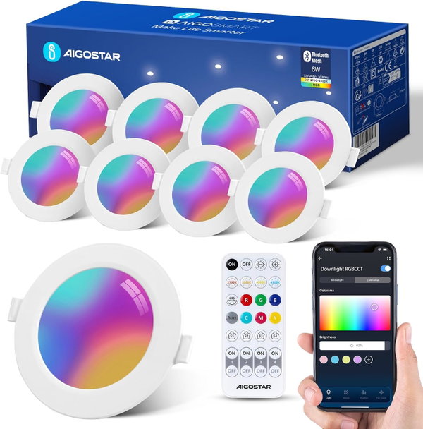 Aigostar 8x oczko sufitowe led rgb smart 6w bluetooth pilot ip44 230v