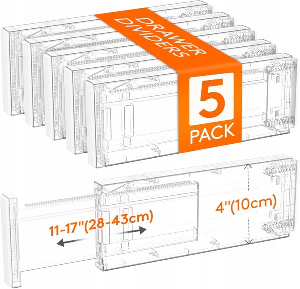 5 SZT Lifewit Separator do szuflad 28 - 44,5 CM; PLASTIKOWE, WYSOKOŚĆ 10 cm