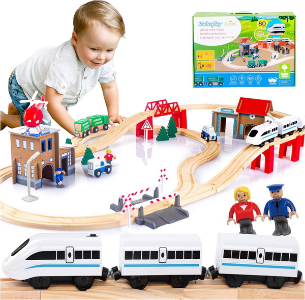 Drewniana kolejka GREEN KINDER 80 el. zestaw z mostem, stacją, ludzikami