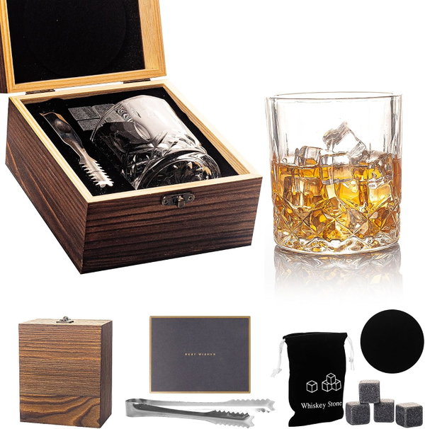 Zestaw do whisky: szklanka, 4 kamienie, szczypce, drewniane pudełko