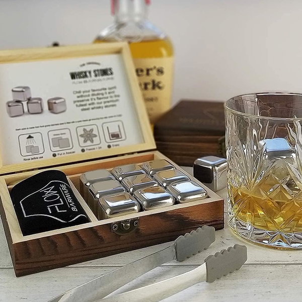 Kostki do whisky stal nierdzewna 304 9 szt. szczypce drewniane pudełko