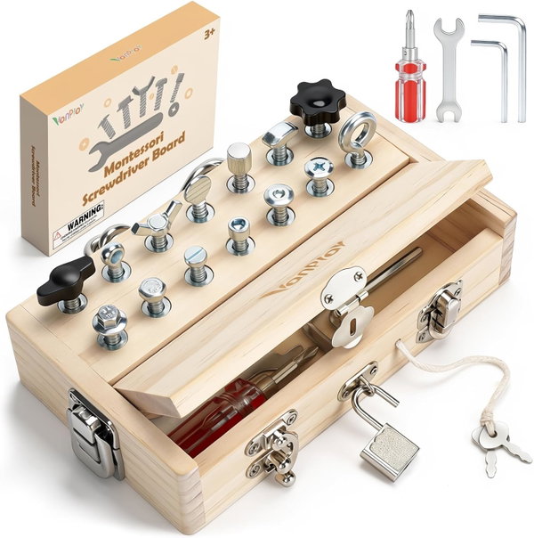 Tablica Montessori drewniana śruby śrubokręt zamki kłódka 3+ Vanplay