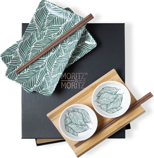 Zestaw do sushi dla 2 osób 8 el. porcelana bambus zielone liście