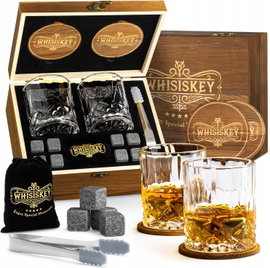 WHISISKEY ZESTAW DO WHISKY 2 SZKLANKI 310 ML 8 KAMIENI DREWNIANE PUDEŁKO