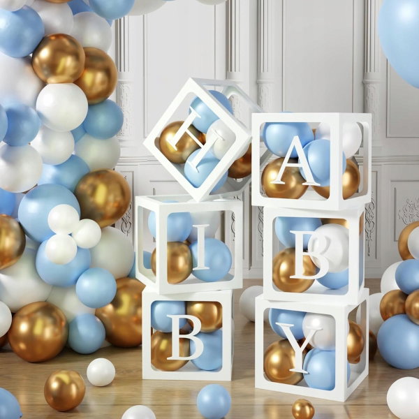 PUDEŁKA NA BALONY BABY SHOWER CHŁOPIEC 6 PUDEŁEK 54 LITERY 45 BALONÓW
