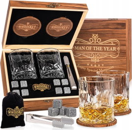 WHISISKEY MAN OF THE YEAR ZESTAW DO WHISKY 2 SZKLANKI 8 KAMIENI PUDEŁKO