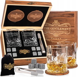 WHISISKEY THE GENTLEMAN ZESTAW DO WHISKY 2 SZKLANKI 8 STALOWYCH KAMIENI