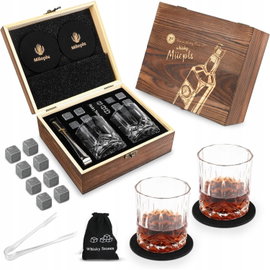 ZESTAW DO WHISKY 8 KAMIENI 2 SZKLANKI 250 ML DREWNIANE PUDEŁKO MIIEPLS