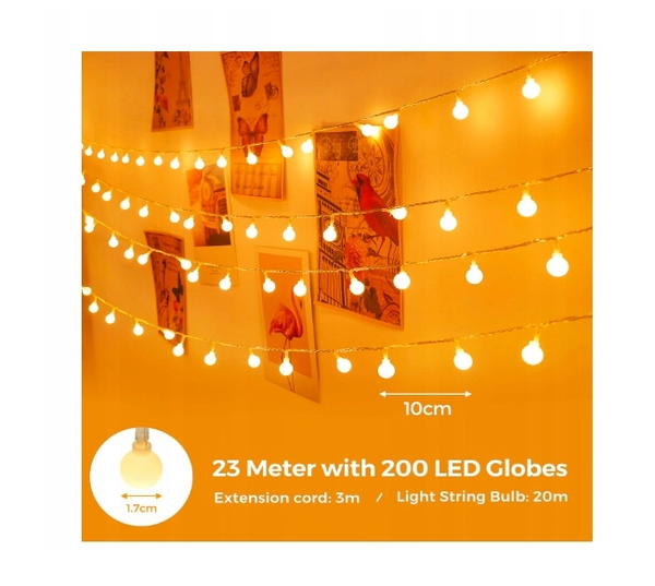 Realky Lampki choinkowe kulki 200 LED 23m ciepła biel 8 trybów z Pilotem