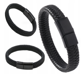 Bransoletka Męska Skórzana Czarna Prezent Bransoleta Pleciona Regulowana