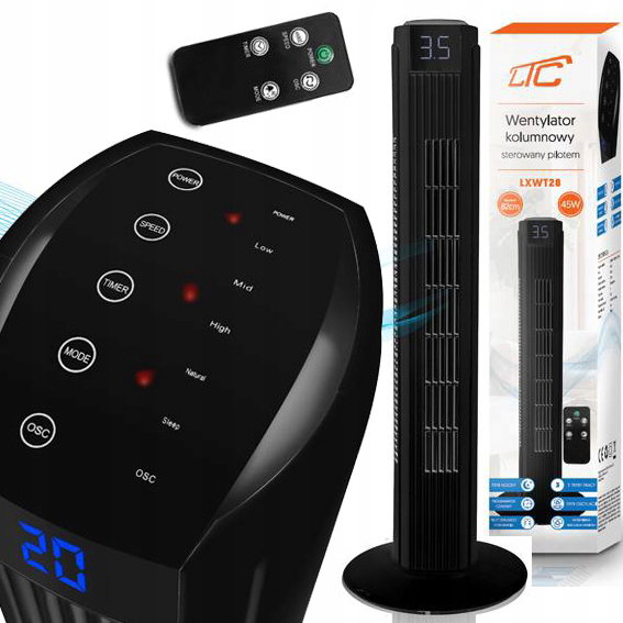 DUŻY WYDAJNY WENTYLATOR WIATRAK KOLUMNOWY 82CM 50W LCD STEROWANY PILOTEM