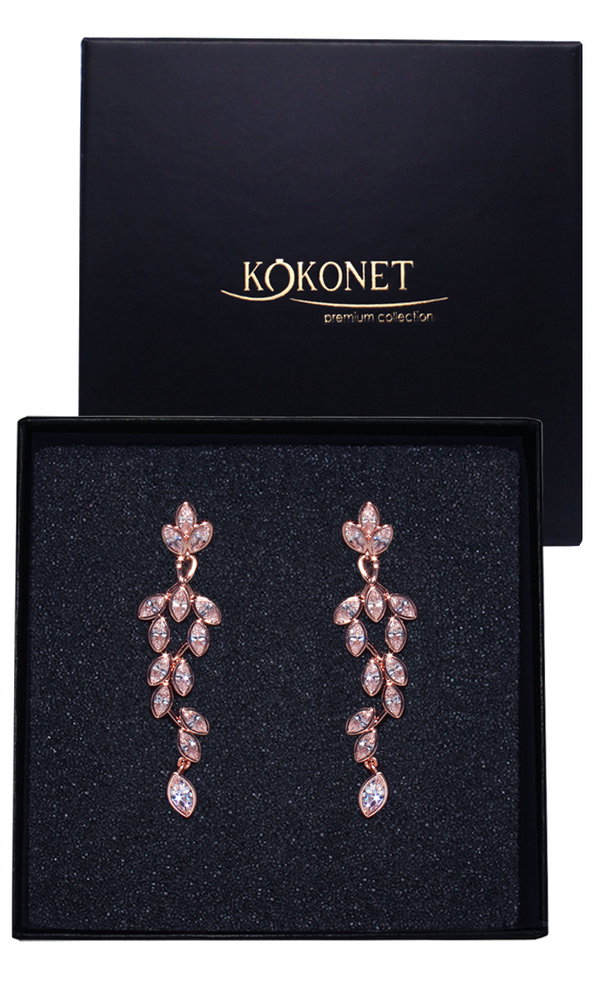 Kolczyki w różowym złocie ślubne listki boho glam dla MŁODEJ na prezent