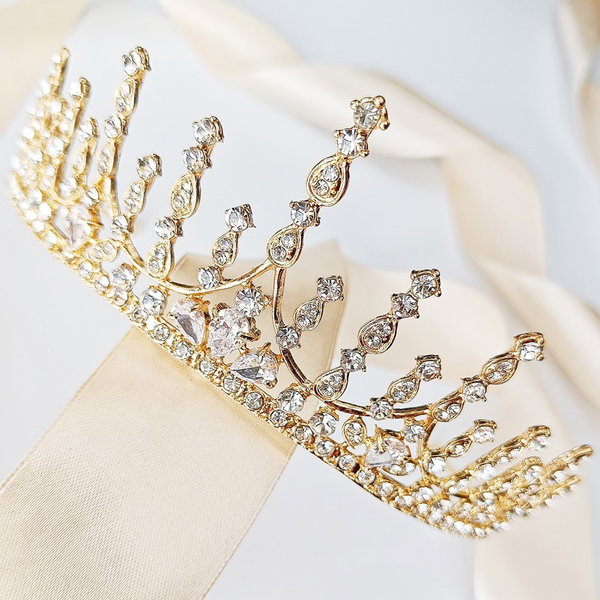 ZŁOTA wysoka efektowna błyszcząca KORONA tiara Diadem ślubna elegancka