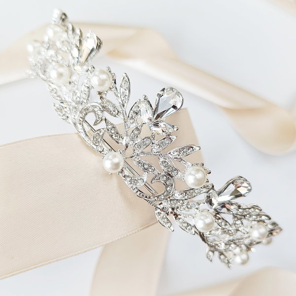 DIADEM tiara korona srebrna ŚLUBNA błyszcząca z perłami cyrkoniami