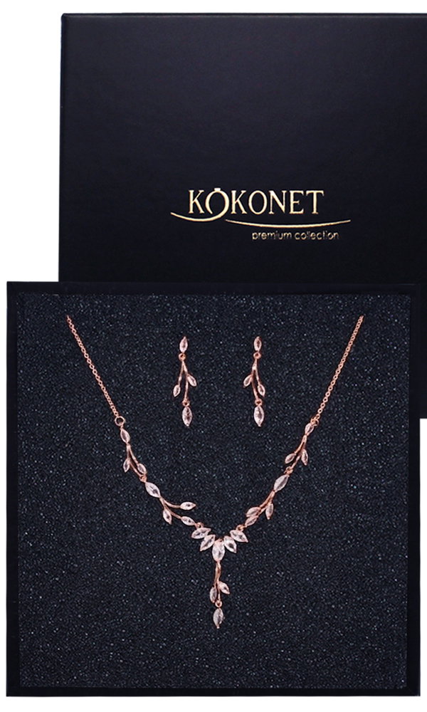 Komplet biżuterii kolia kolczyki ozdobne listki rose boho GLAM ślubny