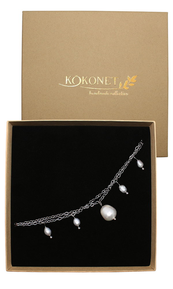 Bransoletka ślubna z PERŁAMI hodowanymi delikatna srebrna pudełko prezent
