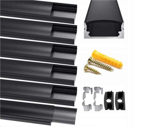 Profil aluminiowy LED, czarny, 6 x 1 m w kształcie litery U