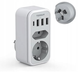 TESSAN Adapter Australia, 6 w 1 adapter Nowa Zelandia z 1 USB C i 3 USB A