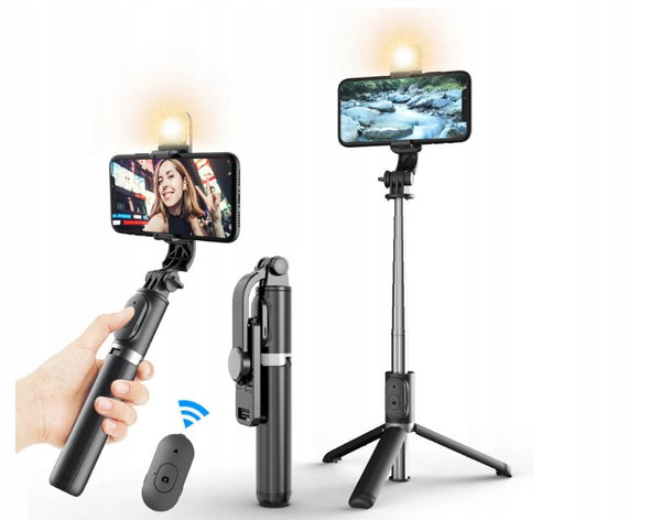 KIJEK DO SELFIE STICK TRIPOD STATYW Z PILOTEM Z LAMPA BLUETOOTH LED
