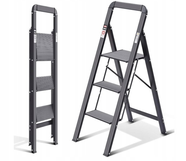 KINGRACK Drabina schodkowa, 3 stopnie, składana z poręczą, antypoślizgowa