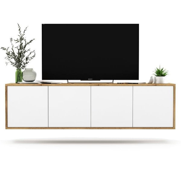 Wisząca szafka RTV, NORD, 150x35x39 cm, dąb wotan, biel, mat | TYLETEGOTU