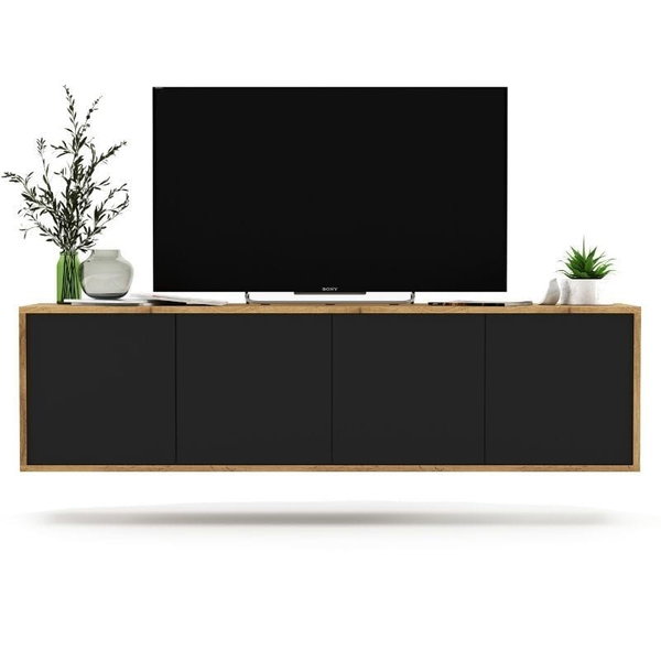 Wisząca szafka RTV, NORD, 150x35x39 cm, dąb wotan, czarny, mat | TYLETEGOTU