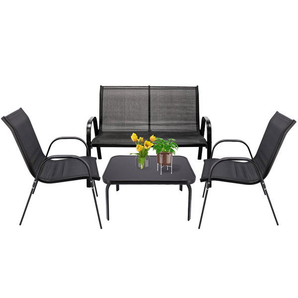 Zestaw mebli ogrodowych, BONDI, stolik, krzesła, sofa, czarne | TYLETEGOTU