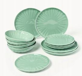 Komplet naczyń z porcelany z reliefem Sali dla 4 osób 12elem Miętowy