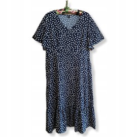 Shein granatowa trapezowa sukienka midi białe groszki falbana 4xl