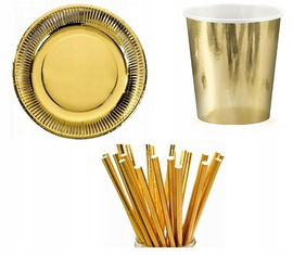 Zestaw Talerzyki jednorazowe Kubki Słomki ZŁOTE