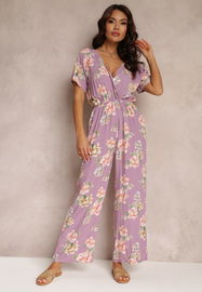 Wygodny Fioletowy Kopertowy Kombinezon w Kwiaty z Gumką w Talii XL/XXL