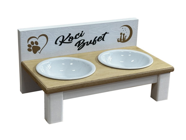 Dwie miski ceramiczne dla kota na podstawce 250 ml - Biały + Dąb Jasny