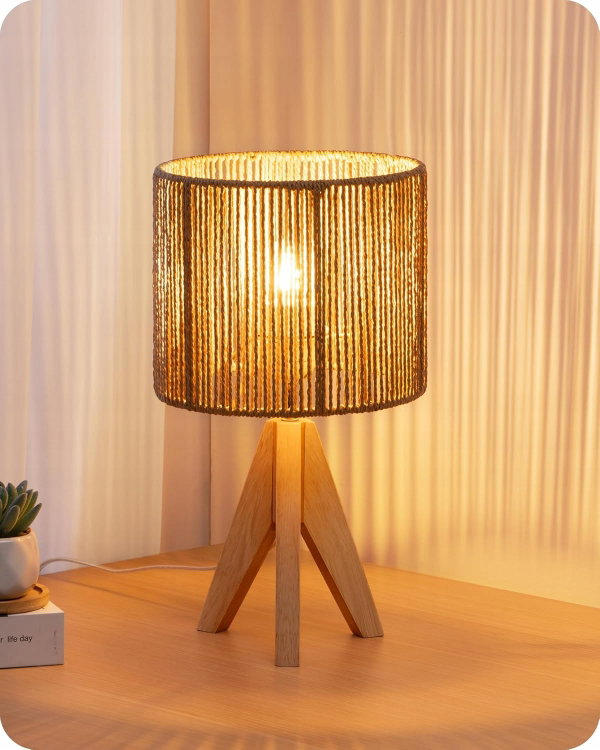 Lampka Nocna EDISHINE Boho Drewno Rattan Abażur LED 2700K E27 Statyw