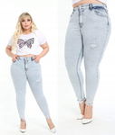 CEDY DENIM dżinsy skinny fit z wysokim stanem niebieskie rozm 48 przetarcia