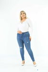CEDY DENIM dżinsy skinny fit z wysokim stanem niebieskie rozm 42 przetarcia