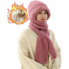 TXMALOR Zintegrowana Zimowa Czapka-Szalik 2w1 - Gruba, Plus Velvet, Różowa