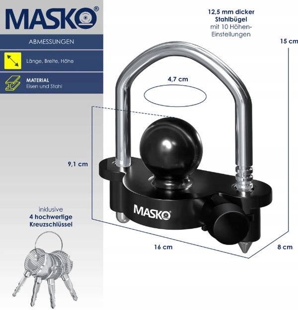 Zamek przyczepy MASKO 4260635554422 SOLIDNY 4 klucze,czarny