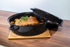 Brytfanna 38 cm z emalią i pokrywką do zapiekania – na indukcję i do piekarnika