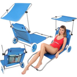 Leżak składany plażowy z daszkiem na kółkach 116x62x60-90cm niebieski