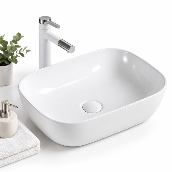 Umywalka nablatowa ceramiczna biała 46 × 33 cm prostokątna