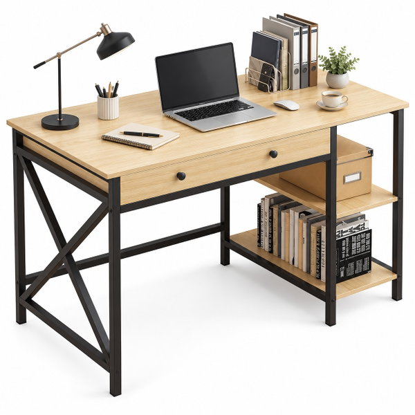 Biurko komputerowe loft industrialne z szufladami i półkami jasny dąb 120 cm