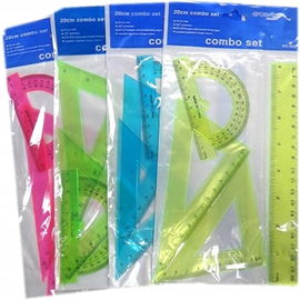 Zestaw przyborów szkolnych 4 elementy linijka 20 cm, 2 ekierki,k-mierz