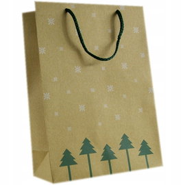Świąteczna torebka papierowa EKO M, 24x16 cm, beżowa, z choinką i płatkami.