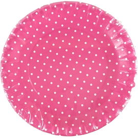 Talerz papierowy 10szt., średnica 15 cm, gruby, różowy z białymi kropkami.