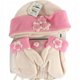 Komplet Zimowy Dziewczęcy Czapka, Szalik, Rękawiczki Różowy z Kwiatuszkami
